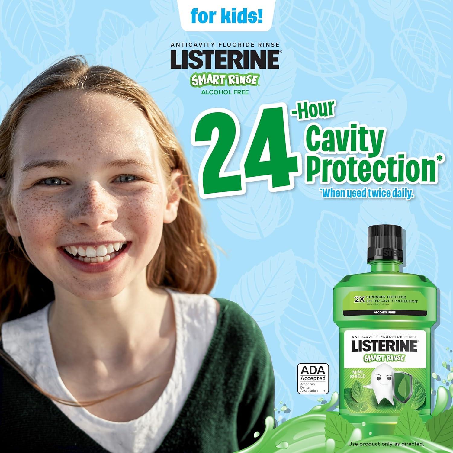 imageListerine Smart Rinse Kids AlcoholFree Anticavity Sodium Fluoride Mouthwash ADA Accepted Oral Rinse for Dental Cavity Protection Mint Shield Flavor for Childrens Oral Care 500 mL Pack of 6Mint