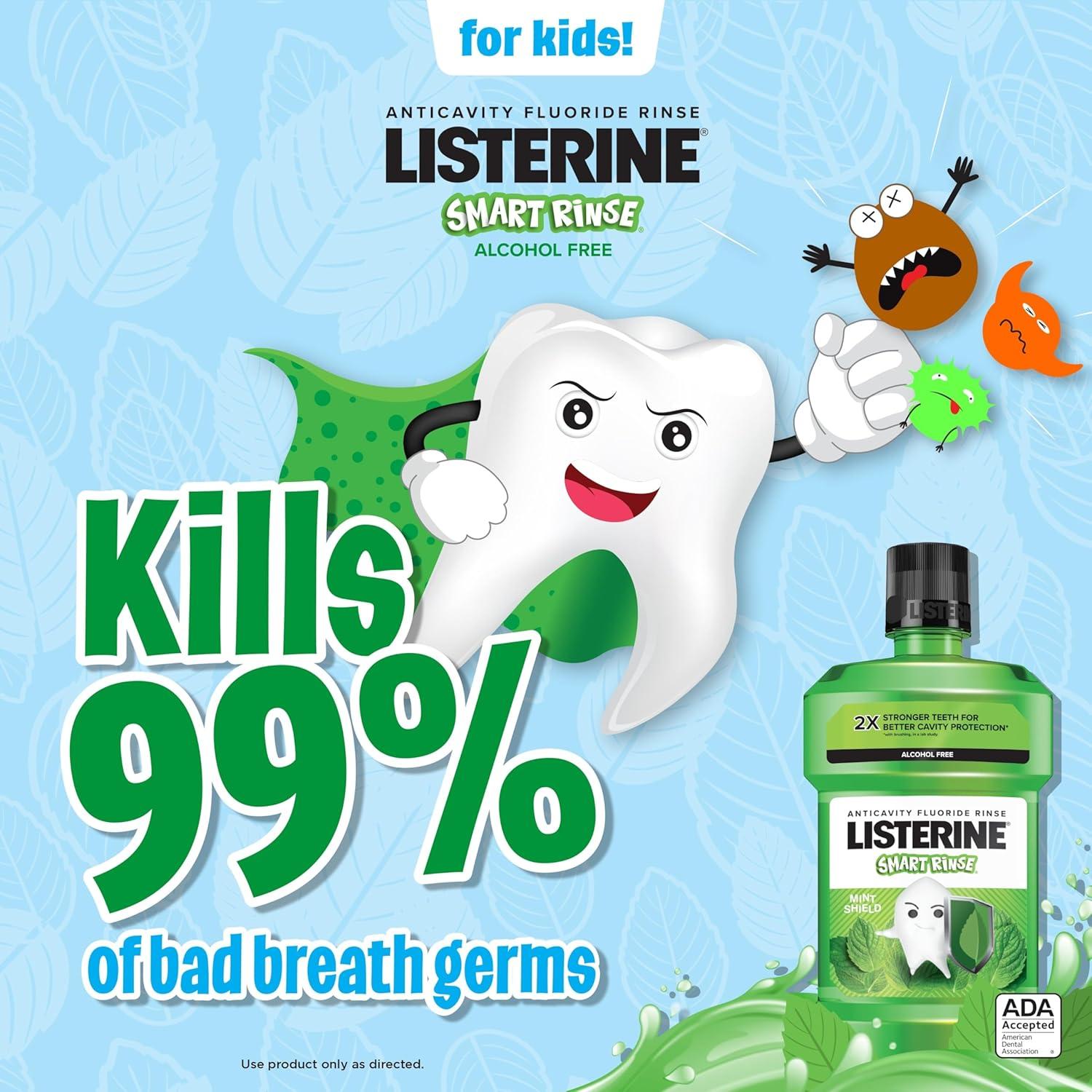 imageListerine Smart Rinse Kids AlcoholFree Anticavity Sodium Fluoride Mouthwash ADA Accepted Oral Rinse for Dental Cavity Protection Mint Shield Flavor for Childrens Oral Care 500 mL Pack of 6Mint