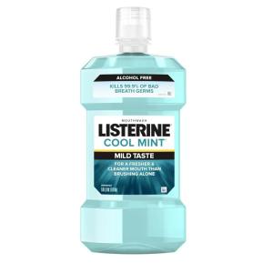 imageListerine AlcoholFree Mouthwash Non Alcoholic Mint Oral Rinse Kills 999 of Germs That Cause Bad Breath for a Fresh Breath ampamp Clean Mouth Less Intense Taste Cool Mint Flavor 1 L338 Fl Oz Pack of 1