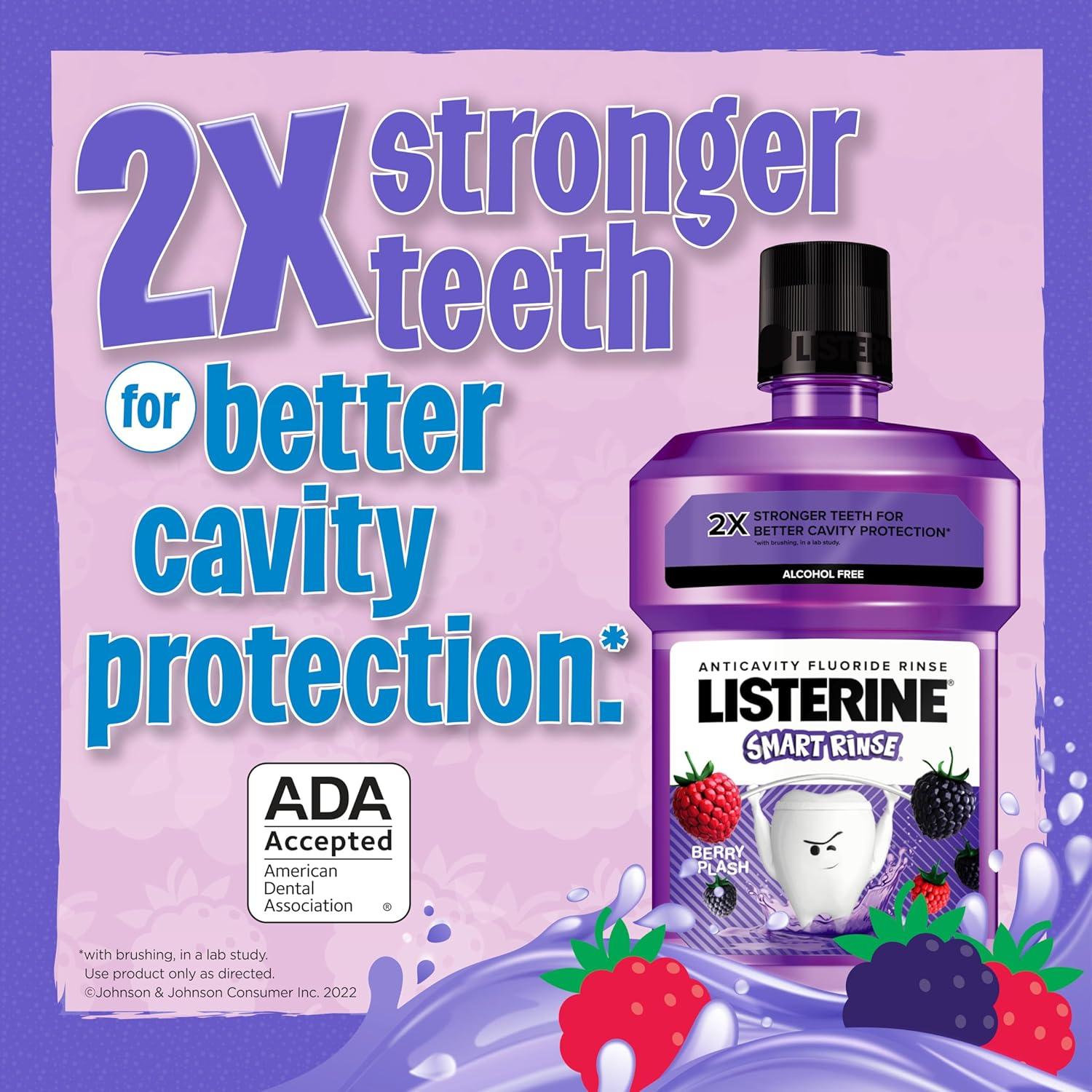 imageListerine Smart Rinse Kids AlcoholFree Anticavity Fluoride Mouthwash for Cavity Protection Berry Splash Flavor 500 mL Pack of 2 Purple
