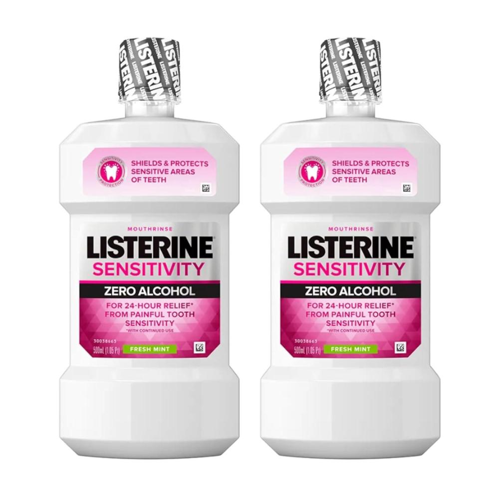 imageListerine Sensitivity Alcohol Free Mouthwash for Sensitive Teeth Bad Breath Treatment Oral Rinse for Adults Fresh Mint Flavor 500 mL 2 Pack