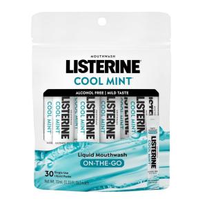 imageListerine OnTheGo Cool Mint Alcohol Free Mouthwash Packets Oral Rinse in Individual Packets Kills Bad Breath Germs Less Intense Taste Cool Mint Flavor Mini Travel Size 033 fl oz 30 Pack034 Fl Oz Pack of 30