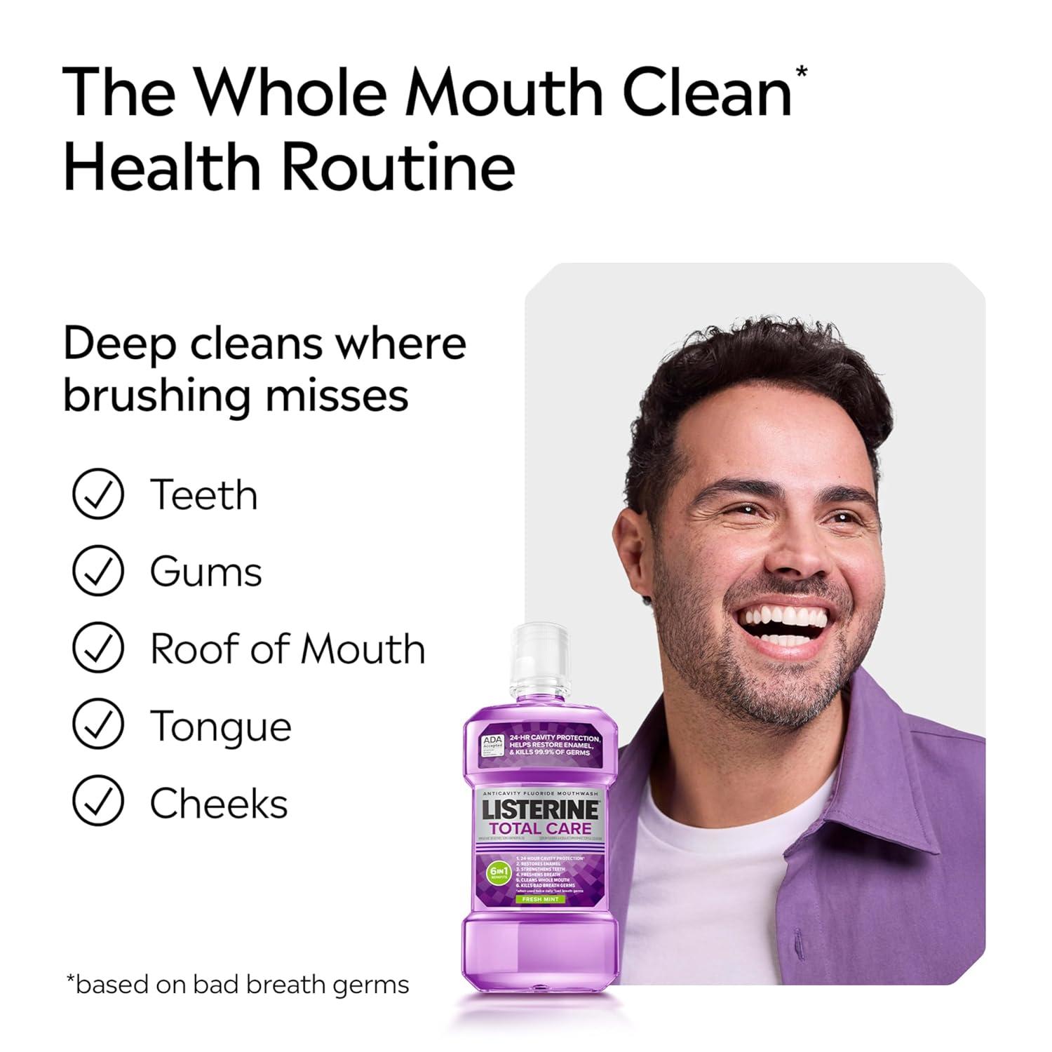 imageListerine Total Care Anticavity Fluoride Mouthwash 6 Benefits in 1 Oral Rinse Helps Kill 999 of Bad Breath Germs Prevents Cavities Strengthens Enamel ADAAccepted Fresh Mint 250 mL85 Fl Oz Pack of 1