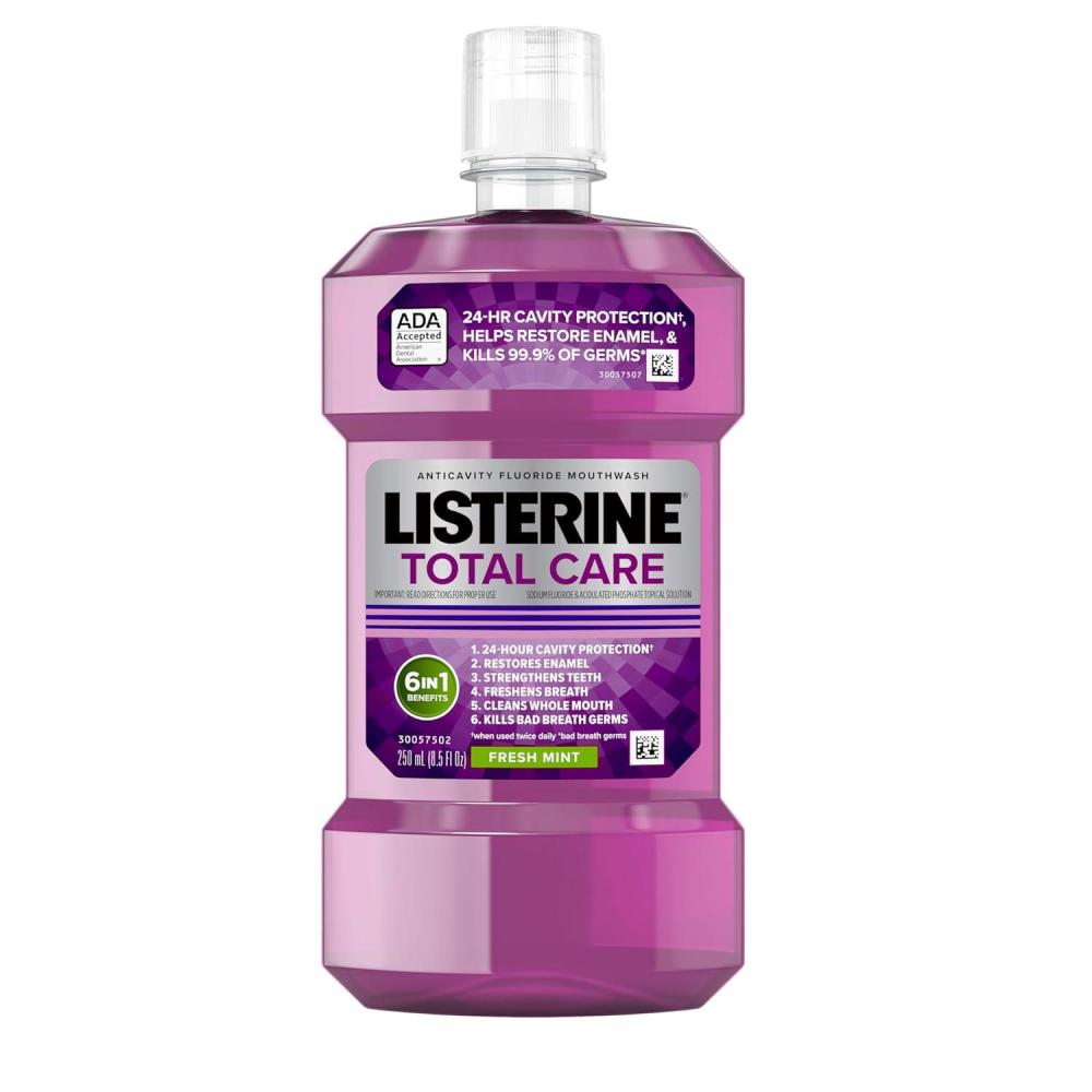 imageListerine Total Care Anticavity Fluoride Mouthwash 6 Benefits in 1 Oral Rinse Helps Kill 999 of Bad Breath Germs Prevents Cavities Strengthens Enamel ADAAccepted Fresh Mint 250 mL85 Fl Oz Pack of 1